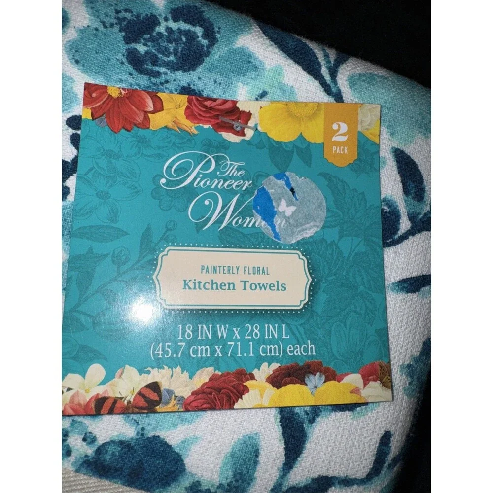 Pioneer Woman Painterly Floral Kitchen Towels Blue Turquoise 2-Pk Cotton NWT